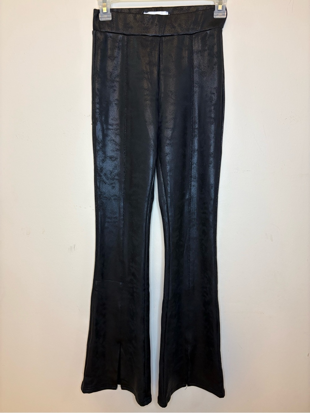 Italian Brand Bazar Faux Leather Black Flared Pants Size Small Split Hems Italy